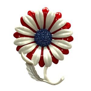 Vintage Flower Power Brooch Patriotic Red White & Blue Enamel 1960's - 70's